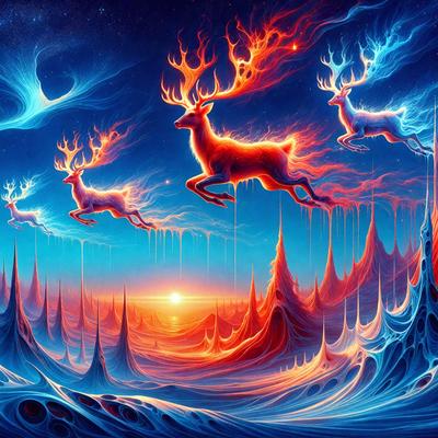Primary subject: Deer
Setting/background: Sky
Visual style: Digital art
Colors and mood: Red, orange, blue, and purple